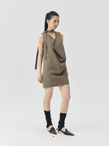 Draped Collar Linen-Blend Short Dress