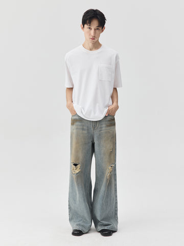Destroyed Dirt Wash Wide Leg Jeans