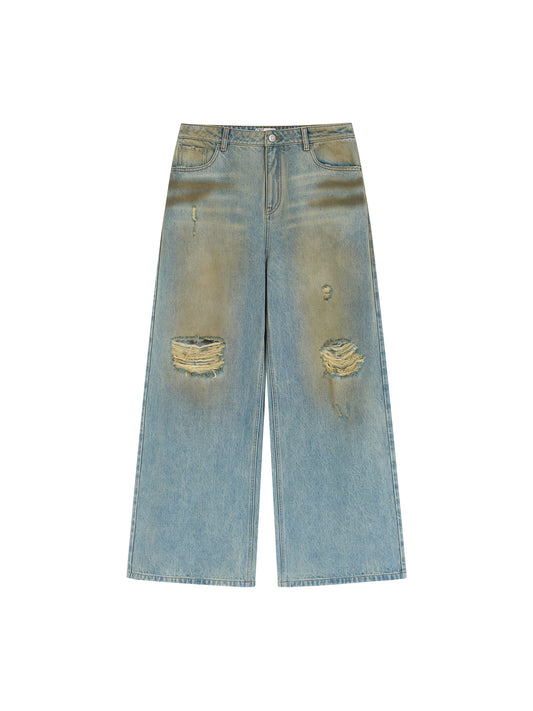 Destroyed Dirt Wash Wide Leg Jeans