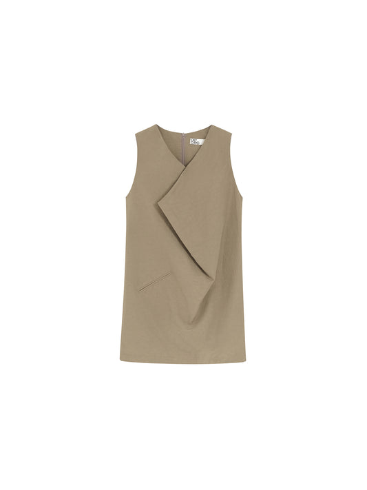 Draped Collar Linen-Blend Short Dress